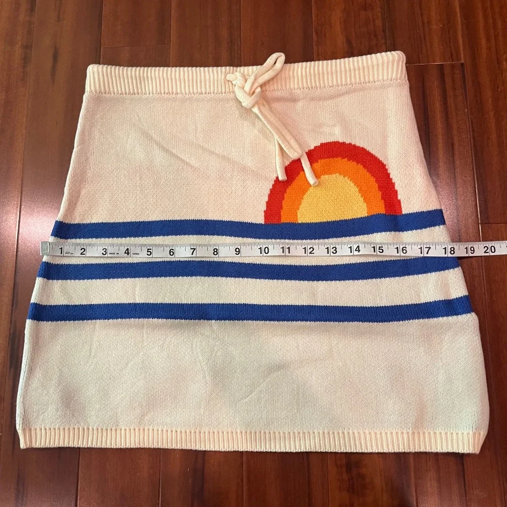 Retro Sun Graphic Knit Mini Skirt Cream Blue Striped Drawstring‎ Waist XL